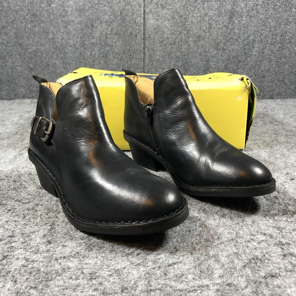 Fly London DART987FLY Ankle Booties Womens 11-11.5 Black Leather Buckle Zip Boot